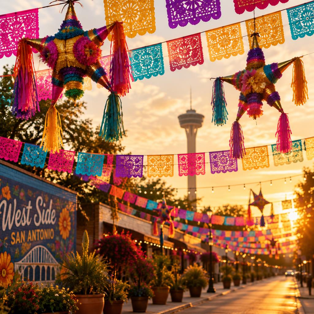 Colorful papel picado and star piñatas in an illustrated West Side street scene